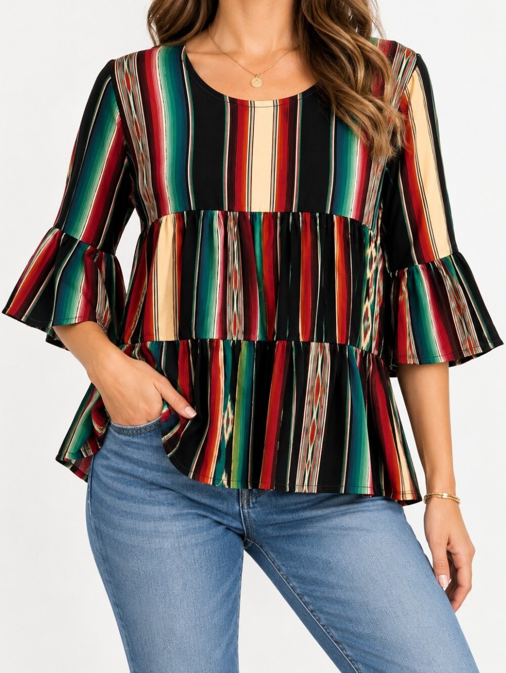 Lucky & Blessed M Multicolor Serape Stripe Tiered Babydoll Tunic Top Bell Sleeve